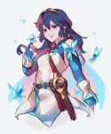  1girl blue_butterfly blue_eyes blue_hair breasts bug butterfly cropped_legs english_commentary fire_emblem fire_emblem_awakening fire_emblem_heroes grey_background highres insect looking_down lucina_(fire_emblem) lunachaili small_breasts solo 