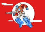  1boy autobot blue_eyes clenched_hand from_side gun highres holding holding_gun holding_weapon jumping konachang mecha no_humans optimus_prime science_fiction solo transformers weapon 