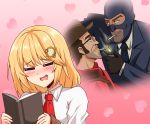  1girl 2boys acefish bangs blonde_hair blush book cigarette closed_eyes commentary drooling english_commentary fujoshi heart heart_background holding holding_book hololive hololive_english imagining lighter multiple_boys necktie open_mouth pink_background reading red_neckwear shirt smile team_fortress_2 the_sniper the_spy virtual_youtuber watson_amelia white_shirt yaoi 