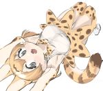  1girl :o animal_ears armpits bangs black_eyes blonde_hair blush bow bowtie breasts elbow_gloves eyebrows_visible_through_hair fangs gloves highres kemono_friends kona_ming looking_at_viewer lying medium_breasts on_back open_mouth serval_(kemono_friends) serval_ears serval_print serval_tail shirt short_hair sketch skirt sleeveless sleeveless_shirt solo tail thighhighs white_background 