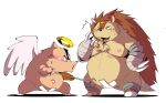  2020 anthro belly blush brown_body brown_fur chibineco domestic_pig duo eulipotyphlan fur hedgehog hi_res kemono majiro_the_hedgehog male mammal moobs nipples overweight overweight_male simple_background sleepy_princess_in_the_demon_castle suid suina sus_(pig) white_background wings 