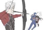  1girl 2boys archer armor arrow_(projectile) bangs black_legwear blue_bodysuit blush bodysuit bow_(weapon) brown_footwear commentary_request cu_chulainn_(fate)_(all) fate/stay_night fate_(series) grey_hair heart highres holding holding_bow_(weapon) holding_weapon lancer long_hair long_sleeves looking_at_another mondi_hl multiple_boys open_mouth ponytail red_shirt running shirt short_hair shoulder_armor shoulder_plates sketch speech_bubble thighhighs translation_request weapon 