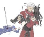  1girl 2boys archer armor arms_around_neck black_legwear black_ribbon black_skirt blood blue_bodysuit blue_hair bodysuit brown_footwear brown_hair carrying commentary_request cu_chulainn_(fate)_(all) fate/stay_night fate_(series) grey_hair hair_ribbon holding jacket lancer long_hair long_sleeves lying mondi_hl multiple_boys on_stomach pleated_skirt princess_carry red_jacket red_shirt ribbon shirt shoes short_hair shoulder_armor simple_background sketch skirt thighhighs tohsaka_rin two_side_up watch white_background white_hair wristwatch 