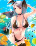  1girl azur_lane bikini black_bikini breasts cleavage commentary commentary_request covered_nipples dermar food fruit hair_ribbon highres kiwi_slice large_breasts long_hair looking_at_viewer mole mole_on_breast orange pineapple prinz_eugen_(azur_lane) prinz_eugen_(unfading_smile)_(azur_lane) ribbon silver_hair solo summer swimsuit thigh_strap 