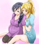  2girls alternate_hairstyle ayase_eli black_hair black_legwear blonde_hair blue_shirt braid breasts commentary_request hand_on_another&#039;s_stomach high_ponytail ips_cells love_live! love_live!_school_idol_project medium_breasts multiple_girls pantyhose pregnant shirt shogo_(4274732) sitting smile toujou_nozomi yuri 