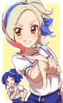  2girls :d ;d absurdres aikatsu! aikatsu!_(series) bangs blue_scrunchie blush brown_eyes eyebrows_visible_through_hair grin hair_ornament hair_scrunchie hand_on_hip highres kiriya_aoi kurosawa_rin_(aikatsu!) looking_at_viewer medium_hair multicolored_hair multiple_girls one_eye_closed open_mouth pointing pointing_at_viewer scrunchie sekina short_sleeves side_ponytail simple_background skirt smile standing streaked_hair thick_eyebrows v-shaped_eyebrows white_hair yellow_background 