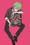  1boy ahoge amami_rantarou bare_arms brown_vest closed_eyes commentary_request d4ng4nn6bu12 danganronpa eyelashes full_body green_hair grey_pants hair_between_eyes holding_picture iei male_focus necktie new_danganronpa_v3 pants pink_background shirt short_hair short_sleeves simple_background solo spoilers striped striped_neckwear sweatdrop vest white_shirt 