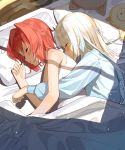  2girls ange_katrina bangs bare_arms bare_shoulders bed blanket blonde_hair blush closed_eyes commentary_request from_above from_side hair_ornament highres hug hug_from_behind indoors lize_helesta long_hair long_sleeves lying multiple_girls nijisanji on_bed on_side pillow red_hair sen_(sennosenn1127) shadow shirt short_hair sleeping spooning stuffed_toy sunlight tank_top under_covers virtual_youtuber yuri 