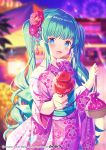  1girl :d bangs blue_eyes blurry blurry_background blush candy_apple commentary_request depth_of_field eyebrows_visible_through_hair fingernails floral_print food green_hair hands_up hatsune_miku highres holding holding_food ikari_(aor3507) japanese_clothes kimono long_hair long_sleeves looking_at_viewer obi open_mouth pink_kimono print_kimono sash smile solo twintails very_long_hair vocaloid watermark web_address wide_sleeves 