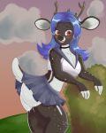  2020 4:5 abby_(toaster98) anthro antlers biped black_nose blue_hair blush breasts butt celsty cervid female hair hi_res horn mammal orange_eyes solo standing 