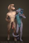  3d_(artwork) abs animal_genitalia animal_penis anthro big_penis blonde_hair blue_body blue_eyes blue_skin brown_body brown_fur digital_media_(artwork) dragon duo emerson_(edef) english_text equid equine equine_penis fin flared_penis fur genitals girly glistening glistening_body grey_body grey_skin hair heat_(vr_game) hooves horn horse humanoid_genitalia humanoid_penis male male/male mammal medial_ring muscular open_mouth pecs penis penis_size_difference sheath simple_background smile tail_around_leg tan_body tan_fur text vein veiny_penis watermark yan_wiah 