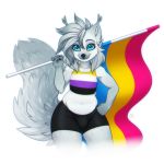  1:1 absurd_res ambiguous_gender anthro arctic_fox binder black_bottomwear black_clothing black_shorts blue_eyes bottomwear canadian_lynx canid canine clothing felid feline fox fur grey_markings hi_res hybrid lgbt_pride lynx mammal markings mittz-the-trash-lord mittz_(character) nonbinary_(lore) nonbinary_pride_colors pansexual_pride_colors pear_body pride_colors shorts simple_background slightly_chubby solo thick_thighs trans_(lore) white_background white_body white_fur wide_hips 