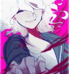  1boy blood border closed_eyes danganronpa english_commentary flavia_(harmonia) green_jacket hair_between_eyes highres jacket komaeda_nagito long_sleeves male_focus open_clothes open_jacket outstretched_arm pink_background shirt smile solo super_danganronpa_2 white_hair white_shirt 