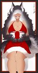  5_fingers animal_humanoid big_breasts big_hair big_hands biped black_body black_fur black_hair blush breasts canid canid_humanoid canine canine_humanoid character_request christmas cleavage clothed clothing curvaceous curvy_figure dress fangs female finger_claws fingers front_view fully_clothed fur fur_trim_(clothing) gift gradient_hair grey_hair hair hair_over_eyes hi_res holding_gift holding_object holidays huge_breasts humanoid inner_ear_fluff light_skin long_hair looking_at_viewer mammal mammal_humanoid multi_tail multicolored_hair open_mouth open_smile paws red_clothing red_dress sharp_teeth shy simple-phobiaxd simple_background sitting smile solo tan_body tan_skin teeth tuft two_tone_tail voluptuous wavy_hair white_background white_body white_fur white_hair white_inner_ear wide_hips wolf_humanoid 