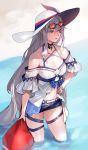  1girl arknights bangs breasts cleavage eyewear_on_head hat highres hug hug_(yourhug) large_breasts long_hair off-shoulder_shirt off_shoulder red_eyes shirt shorts skadi_(arknights) skadi_(riding_waves)_(arknights) stuffed_orca white_hair 