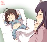  2girls :3 ahoge alternate_costume artist_logo black_hair blanket blue_pajamas blush brown_hair child closed_eyes commentary_request dated futon hair_ornament highres kanon_(kurogane_knights) kantai_collection long_sleeves multiple_girls navel nose_bubble pajamas pajamas_lift pillow pink_shirt shigure_(kantai_collection) shirt short_hair sleeping smile sweat yamashiro_(kantai_collection) younger 