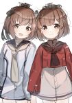  2girls black_sailor_collar brown_eyes brown_hair brown_neckwear cherry_blossoms china_dress chinese_clothes commentary_request cowboy_shot dress dual_persona flower grey_neckwear grey_sailor_collar hair_flower hair_ornament hairclip headgear highres kantai_collection multiple_girls neckerchief open_mouth red_shirt remodel_(kantai_collection) round_teeth sagor942014 sailor_collar sailor_dress sailor_shirt shirt short_hair simple_background speaking_tube_headset tan_yang_(kantai_collection) teeth upper_teeth white_background white_dress yukikaze_(kantai_collection) 