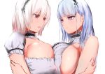  2girls absurdres artist_request azur_lane bare_shoulders blue_hair breast_press breasts choker cleavage dido_(azur_lane) dress frilled_choker frills highres huge_breasts long_hair looking_at_another multiple_girls purple_eyes red_eyes short_sleeves sideboob simple_background sirius_(azur_lane) symmetrical_docking upper_body white_background white_dress white_hair 