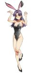  absurdres animal_ears bare_shoulders blush breasts brown_eyes bunny_ears bunny_pose cleavage covered_navel eyebrows_visible_through_hair fake_animal_ears full_body grin high_heels highres hip_bones katsuragi_misato kiritzuguart large_breasts long_hair looking_at_viewer neon_genesis_evangelion playboy_bunny purple_hair simple_background smile white_background 