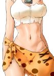  1girl 370ml breasts cleavage close-up commentary_request head_out_of_frame jewelry kemono_friends medium_breasts midriff navel navel_focus necklace orange_sarong print_sarong sarong serval_(kemono_friends) serval_print shirt simple_background single-shoulder_shirt solo standing stomach survival_friends torn_clothes torn_shirt white_background white_shirt 
