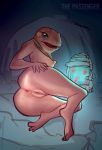  2020 alien amphibian anthro anus berrythelothcat butt female frog_lady_(the_mandalorian) genitals hand_on_hip hi_res looking_at_viewer looking_back looking_back_at_viewer lying mostly_nude on_side presenting presenting_anus presenting_pussy pussy red_body solo star_wars the_mandalorian 