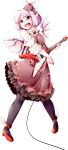  0-den 1girl absurdres animal_ears bangs bird_ears bird_wings black_legwear brown_dress brown_headwear collarbone dress electric_guitar eyebrows_visible_through_hair full_body guitar high_heels highres instrument jewelry music mystia_lorelei open_mouth pink_eyes pink_hair playing_instrument red_footwear short_hair simple_background single_earring smile solo teeth touhou v-shaped_eyebrows white_background white_sleeves wing_cap wings 