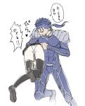  1boy 1girl armor ass black_legwear blue_bodysuit blue_hair bodysuit commentary_request cu_chulainn_(fate)_(all) fate/stay_night fate_(series) from_behind highres lancer long_hair long_sleeves mondi_hl panties ponytail shoes shoulder_armor simple_background sketch skirt skirt_lift speech_bubble thighhighs translation_request underwear white_background white_panties 
