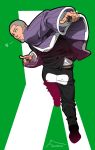  1boy ass black_vest brown_eyes buzz_cut facial_hair from_behind full_body goatee golden_kamuy grey_hair highres jacket looking_at_viewer looking_back male_focus open_clothes open_jacket pointing pointing_at_viewer purple_jacket running shiraishi_yoshitake short_hair sideburns solo very_short_hair vest zifletts 