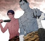  2boys abs alternate_skin_color animal_print bangs black_eyes blue_oni blue_skin chest club demon_boy garamgum golden_kamuy horns koito_otonoshin male_focus multiple_boys navel nipples oni oni_horns over_shoulder parted_bangs purple_hair red_oni red_skin shirtless short_hair single_horn tiger_print tsukishima_hajime upper_body weapon weapon_over_shoulder 