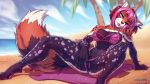  16:9 2020 ailaanne ailurid anthro beach bikini breasts clothing day detailed_background digital_media_(artwork) eyebrows eyelashes female green_eyes hair hi_res mammal outside pink_hair red_panda sand seaside shoreline sitting sky solo swimwear water widescreen 