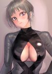  1girl bangs blush bodysuit breasts cleavage cleavage_cutout clothing_cutout grey_eyes grey_hair hand_on_hip highres kilye_4421 large_breasts looking_at_viewer multicolored multicolored_bodysuit multicolored_clothes original reflection shiny short_hair simple_background skin_tight 