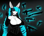  2020 accessory anthro asinus big_breasts blue_hair breasts donk donkey equid equine female gun hair hair_accessory hair_bow hair_ribbon hi_res hladilnik huge_breasts magic_user male_(lore) mammal pigtails ranged_weapon ribbons solo weapon 