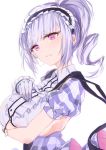  1girl absurdres azur_lane breast_hold breasts center_frills dido_(azur_lane) dido_(muse)_(azur_lane) eyebrows_visible_through_hair frills from_side gloves highres large_breasts looking_at_viewer looking_to_the_side miniskirt purple_eyes purple_hair purple_skirt shika_(shika0) short_sleeves side_ponytail simple_background skirt solo underboob white_background white_gloves 