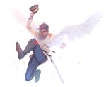  1boy angel_wings backlighting bangs blue_pants brown_jacket buttons dark_skin dark_skinned_male feathered_wings flying full_body garamgum golden_kamuy hat hat_removed headwear_removed jacket kepi koito_otonoshin leaf leg_up long_sleeves looking_at_viewer male_focus military military_hat military_uniform pants parted_bangs purple_eyes purple_hair shoes short_hair uniform white_wings wings 