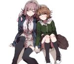  1boy 1girl backpack bag black_legwear black_neckwear black_ribbon brown_hair closed_eyes collared_shirt danganronpa danganronpa_1 drooling fe_(chl) flipped_hair fujisaki_chihiro green_jacket hair_ornament hairclip holding_hands hood hood_down hooded_jacket jacket knee_up kneehighs knees_together_feet_apart knees_up leaning_on_person loafers long_sleeves nanami_chiaki neck_ribbon open_clothes open_jacket otoko_no_ko pink_hair pink_neckwear pink_ribbon ribbon saliva school_uniform shirt shoes short_hair simple_background sitting skirt sleeping sleeves_past_wrists super_danganronpa_2 thighhighs trait_connection white_shirt 