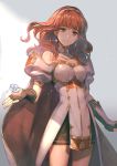  1girl bangs bare_shoulders black_skirt blue_flower blunt_bangs breasts buttons cape celica_(fire_emblem) cowboy_shot detached_collar diadem dress earrings eyebrows_visible_through_hair fingerless_gloves fire_emblem fire_emblem_echoes:_shadows_of_valentia flower furikawa_arika gloves gold_trim highres jewelry long_hair looking_at_viewer medium_breasts miniskirt puffy_short_sleeves puffy_sleeves red_cape red_eyes shadow short_dress short_sleeves simple_background skirt smile solo strapless strapless_dress thighs two-tone_cape underskirt white_cape white_dress wrist_guards 