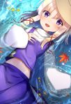  1girl animal_print bangs blonde_hair blush frog frog_print hair_ribbon happy hat leaf looking_at_viewer lying midriff midriff_peek moriya_suwako navel open_mouth parted_bangs purple_eyes purple_skirt purple_vest red_ribbon ribbon sea_scorpion_(umisasori) shirt short_hair skirt skirt_set touhou turtleneck vest water white_shirt wide_sleeves 