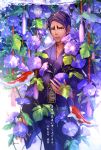  1boy alternate_costume bangs casual collarbone cowboy_shot dark_skin dark_skinned_male flower garamgum golden_kamuy japanese_clothes kimono koito_otonoshin leaf long_sleeves looking_at_viewer male_focus parted_bangs plant purple_eyes purple_flower purple_hair purple_kimono short_hair translation_request 