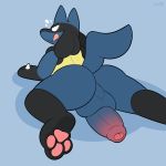  1:1 3_toes absurd_res anthro backsack balls big_penis birdvian butt genitals hi_res looking_back lucario male nintendo pawpads paws penis pok&eacute;mon pok&eacute;mon_(species) raised_tail simple_background solo toes tongue tongue_out video_games 