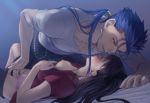  1boy 1girl bangs black_hair black_pants black_shorts blue_hair breasts breasts_outside closed_eyes collarbone collared_shirt commentary_request cu_chulainn_(fate)_(all) earrings fate/stay_night fate_(series) hair_ribbon imminent_fingering jewelry lancer long_hair looking_at_another lying medium_breasts mondi_hl nipples on_back panties pants parted_lips ponytail red_shirt ribbon shirt short_sleeves shorts tohsaka_rin underwear white_panties white_shirt 
