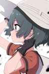  1girl adjusting_clothes adjusting_headwear backpack bag bangs black_eyes black_hair commentary eyebrows_visible_through_hair from_side hat_feather helmet highres kaban_(kemono_friends) kemono_friends parted_lips pith_helmet ransusan red_shirt shirt short_hair short_sleeves solo wavy_hair 