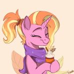  2020 beverage coffee cup equid equine eyes_closed female feral friendship_is_magic hair hasbro highlights_(coloring) holding_object horn horse inner_ear_fluff leaf luster_dawn_(mlp) mammal my_little_pony orange_hair pink_body pony ponytail rutkotka scarf signature smile tuft unicorn 