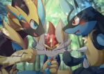  :t blurry blurry_background blush cinderace commentary_request eye_contact fang forest fork furry gen_4_pokemon gen_7_pokemon gen_8_pokemon highres holding holding_fork holding_spoon looking_at_another lucario mythical_pokemon nata_de_coco_(pankptomato) nature one_eye_closed open_mouth outdoors pokemon pokemon_(creature) red_eyes smile spikes spoon tongue tree yellow_fur zeraora 