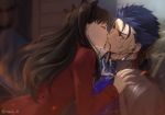  1boy 1girl armor artist_name bangs black_hair black_ribbon blue_hair brown_hair closed_eyes closed_mouth commentary_request cu_chulainn_(fate)_(all) earrings fate/stay_night fate_(series) from_side hair_ribbon hetero highres imminent_kiss jacket jewelry lancer long_hair long_sleeves looking_at_another mondi_hl ponytail red_eyes red_jacket ribbon short_hair shoulder_armor thighhighs tohsaka_rin two_side_up upper_body 