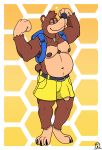  anthro armpit_hair backpack banjo-kazooie banjo_(banjo-kazooie) baron_montesque belt body_hair bottomwear brown_body brown_fur bulge cel_shading chest_tuft clothed clothing flexing foreskin fur genital_outline genitals hi_res jewelry male mammal necklace overweight overweight_anthro overweight_male penis penis_outline rareware shaded shorts smile solo toony tuft uncut ursid video_games 