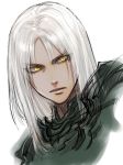  1boy armor black_armor copyright_request eyes_visible_through_hair face hair_between_eyes highres long_hair male_focus nakamura_tatsunori parted_lips simple_background sketch solo white_background white_hair yellow_eyes 
