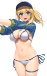  1girl absurdres ahoge artoria_pendragon_(all) bangs baseball_cap bikini blonde_hair blue_eyes blue_headwear blue_jacket blush breasts cleavage cropped_jacket fate/grand_order fate_(series) hair_between_eyes hair_through_headwear hat highres jacket large_breasts long_hair looking_at_viewer mysterious_heroine_xx_(foreigner) navel open_mouth ponytail shrug_(clothing) simple_background smile suiroh_(shideoukami) swimsuit thigh_strap white_background white_bikini 
