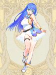  1girl :d bangs bare_shoulders belt black_belt blue_bow blue_hair boots bow breasts copyright_request eyebrows_visible_through_hair full_body green_eyes hair_between_eyes leotard long_hair looking_at_viewer medium_breasts official_art open_mouth sideboob smile solo standing standing_on_one_leg ukamaru very_long_hair white_footwear white_leotard 