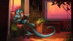  16:9 2020 4_toes 5_fingers anthro book detailed_background digital_media_(artwork) fingers hair holding_book holding_object lizard male red_hair reptile scalie sitting smile solo toes widescreen zephra 