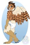  anthro avian beak bird bubo_(genus) diaper feathered_wings feathers feet great_horned_owl hi_res male owl rileykit simple_background solo tail_feathers talons true_owl wings 